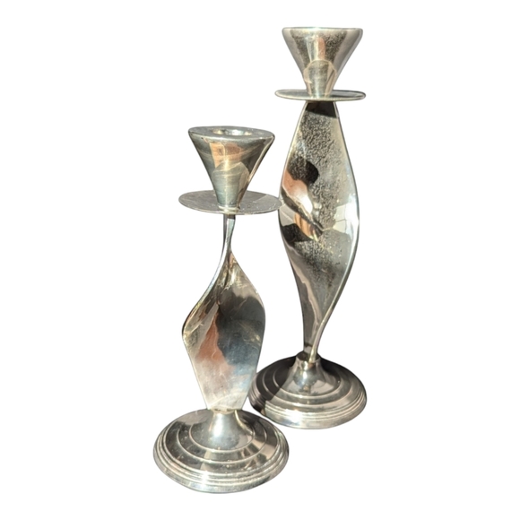 Silver Plated Twisted Brass Metal Candlestick Holders Ribbon Shape Set Of 2 Vtg - Picture 11 of 11